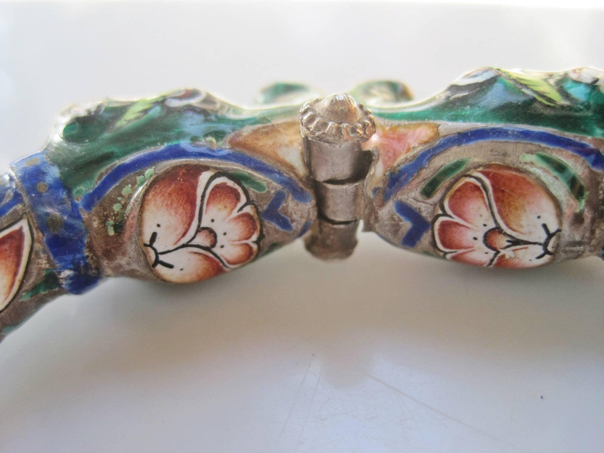 Antique Indian Silver and Enamel Double Elephant Head Bracelet from Benares - Anteeka