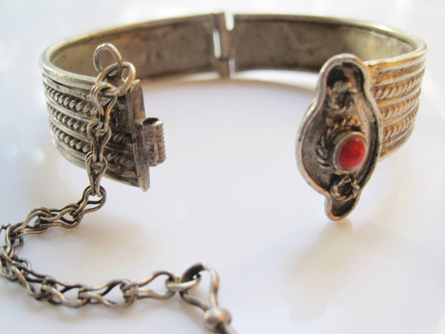 Antique Ottoman Hinged Bangle Bracelet with a Small Red Cabochon - Anteeka