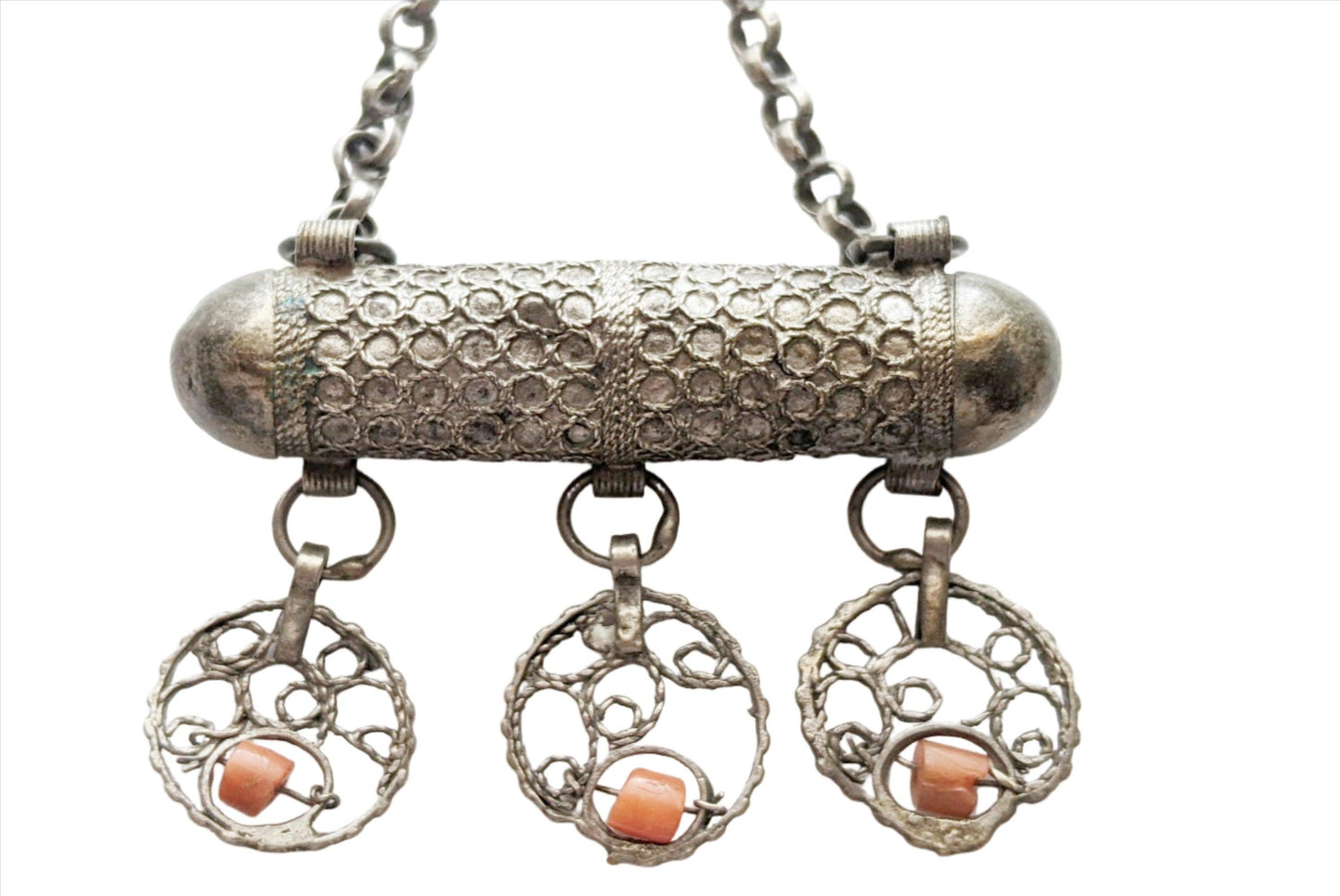 Antique Ottoman Silver and Coral Amulet Necklace - Anteeka