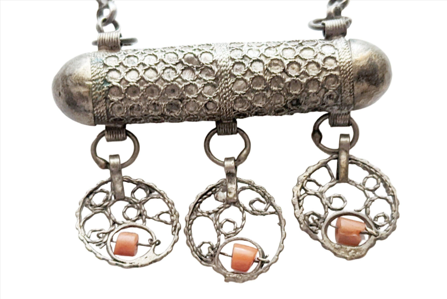 Antique Ottoman Silver and Coral Amulet Necklace - Anteeka