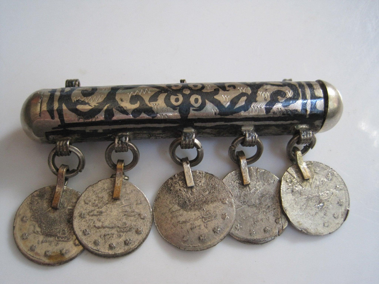 Antique Ottoman Silver and Niello Amulet Holder with Silver Coins - Anteeka