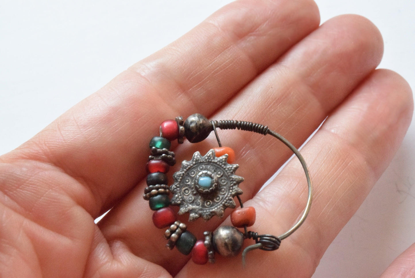 Antique Silver and Coral Uzbek Nose Ring - Anteeka