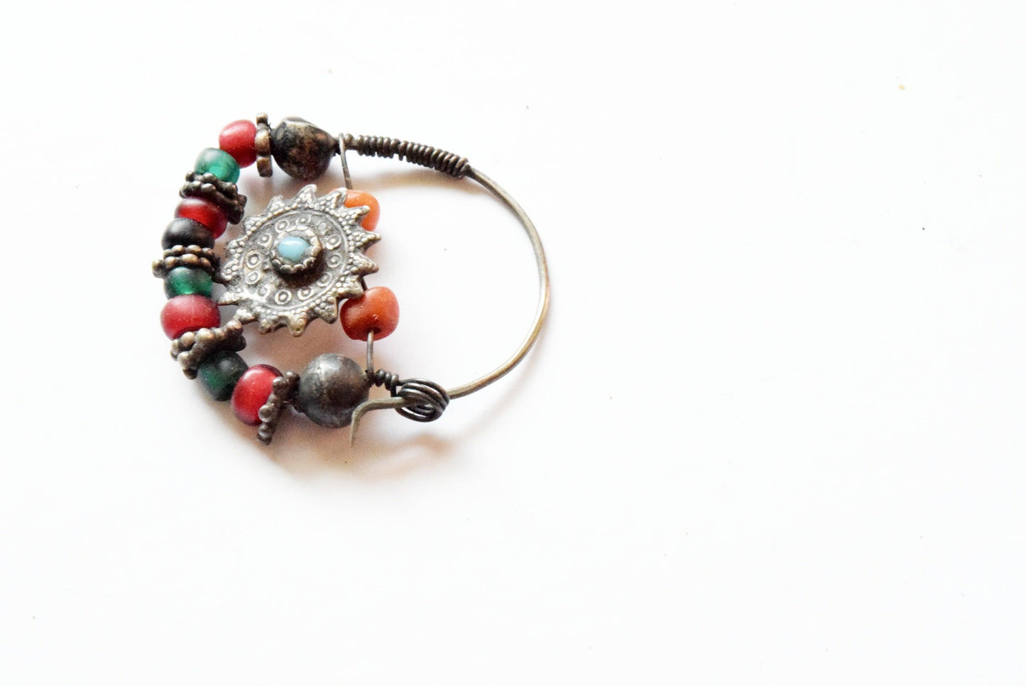 Antique Silver and Coral Uzbek Nose Ring - Anteeka