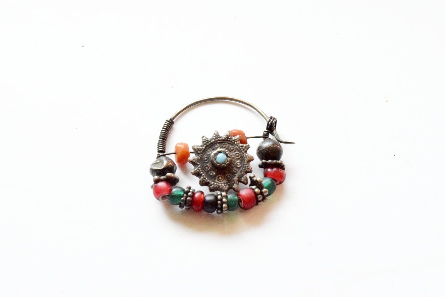 Antique Silver and Coral Uzbek Nose Ring - Anteeka