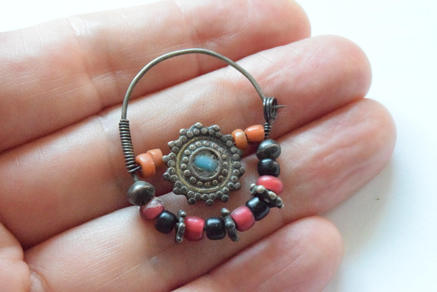 Antique Silver and Coral Uzbek Nose Ring with Black and Red Beads - Anteeka