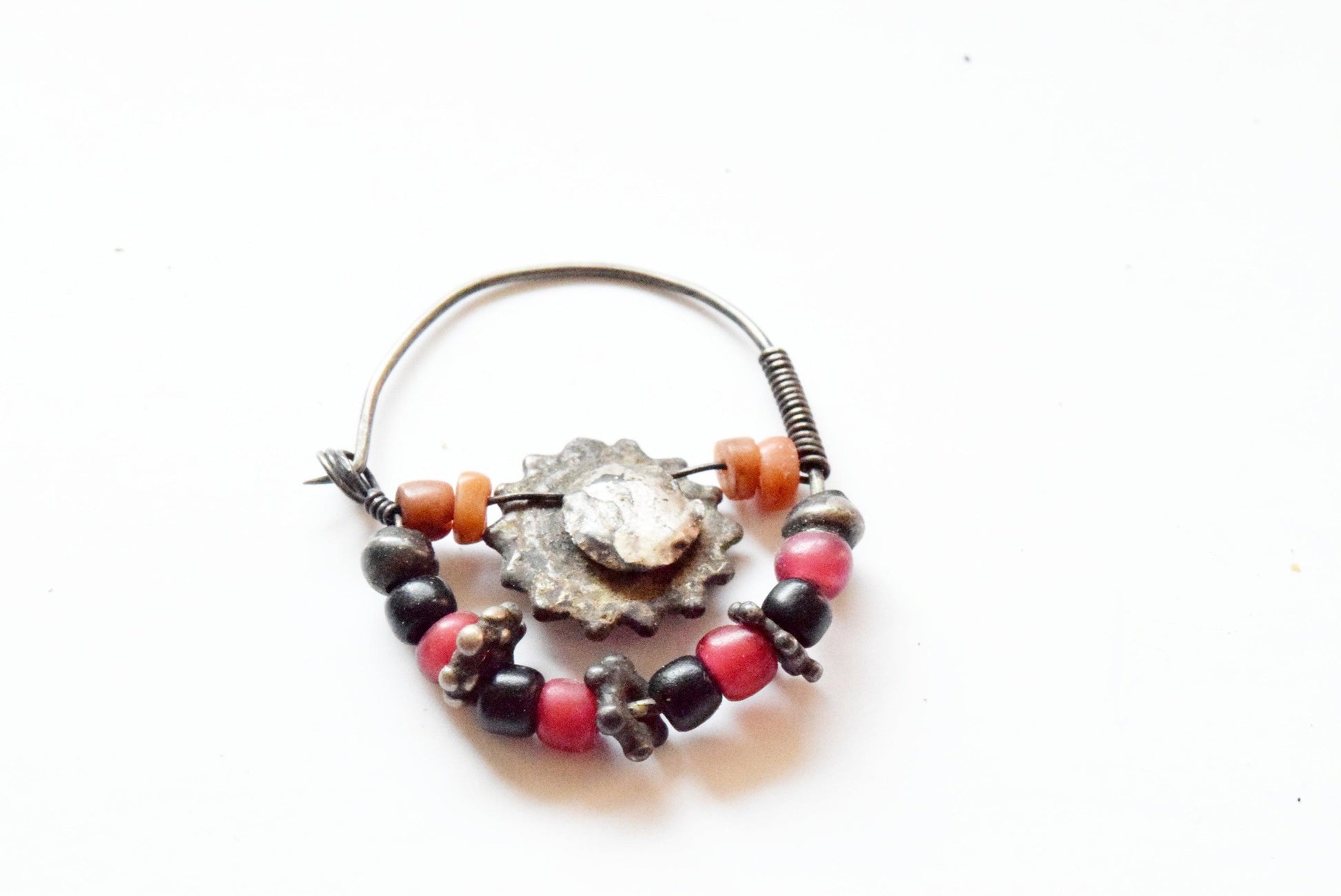 Antique Silver and Coral Uzbek Nose Ring with Black and Red Beads - Anteeka