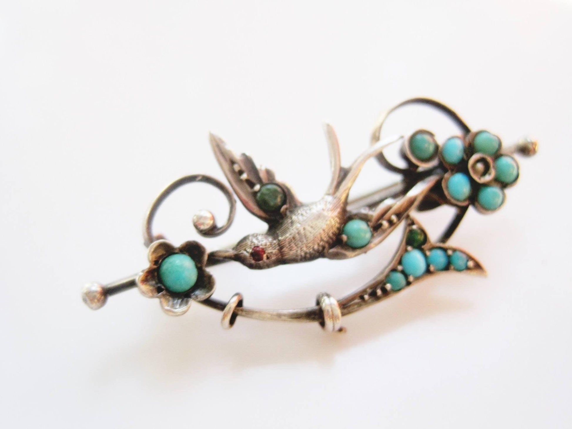 Antique Victorian Silver and Turquoise Swallow Bird Brooch or Pin - Anteeka