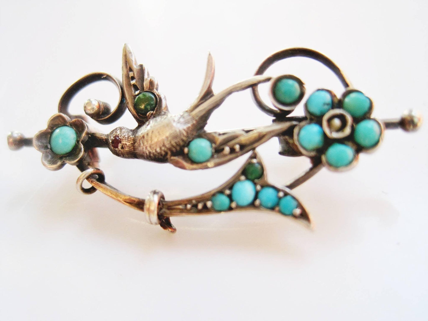 Antique Victorian Silver and Turquoise Swallow Bird Brooch or Pin - Anteeka
