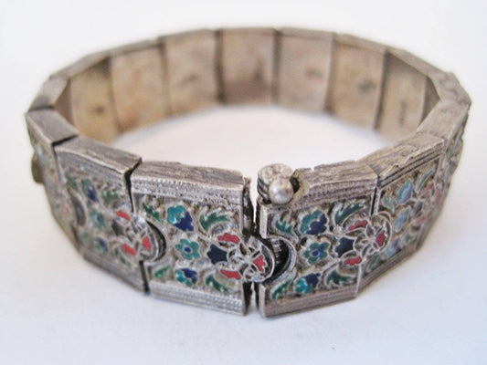 Classy Vintage Turkish Silver and Enamel Caucasian Style Bracelet - Anteeka