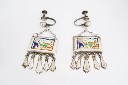 Early Mexican Silver and Enamel Screw Back Earrings - Anteeka