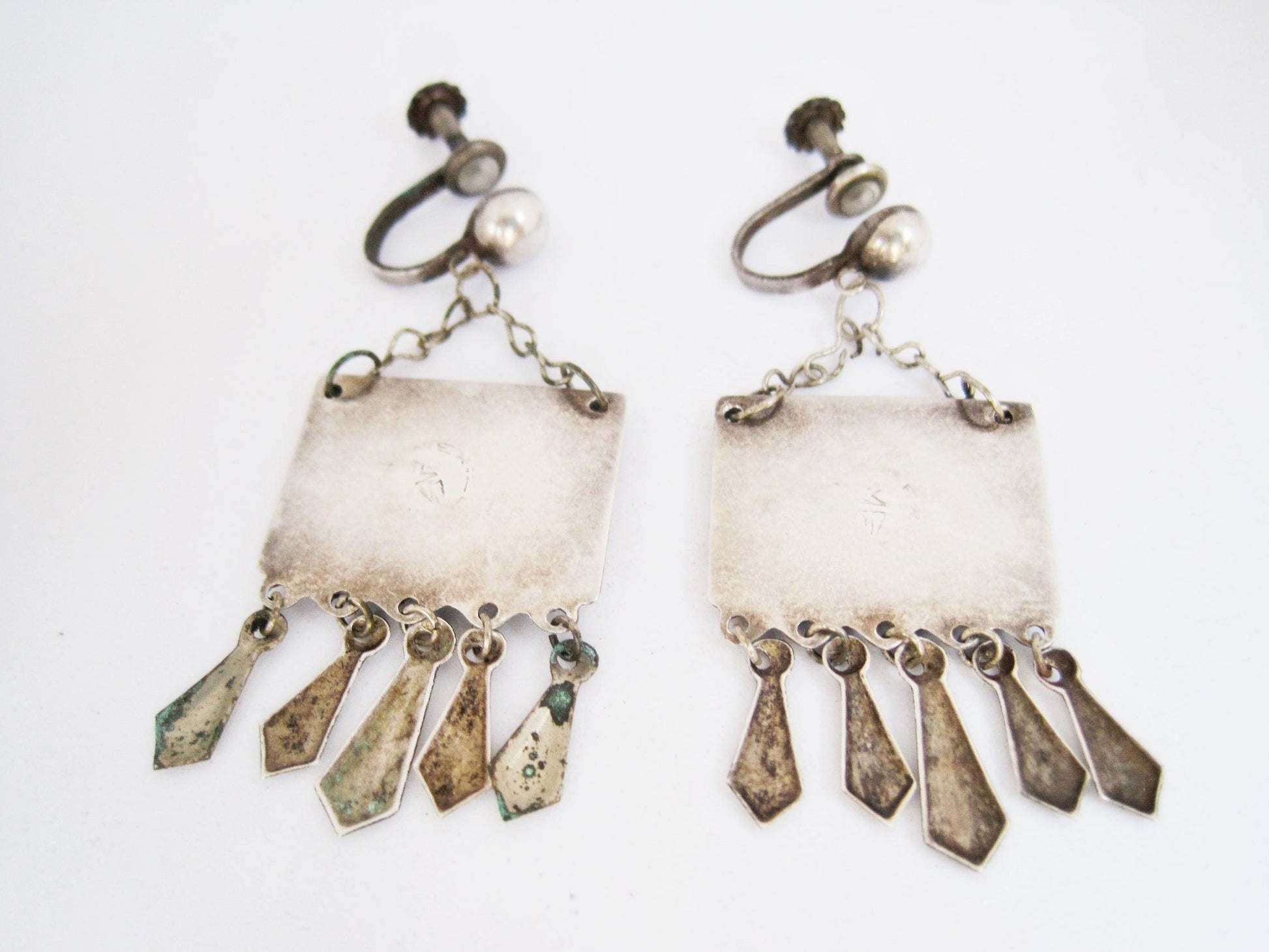 Early Mexican Silver and Enamel Screw Back Earrings - Anteeka