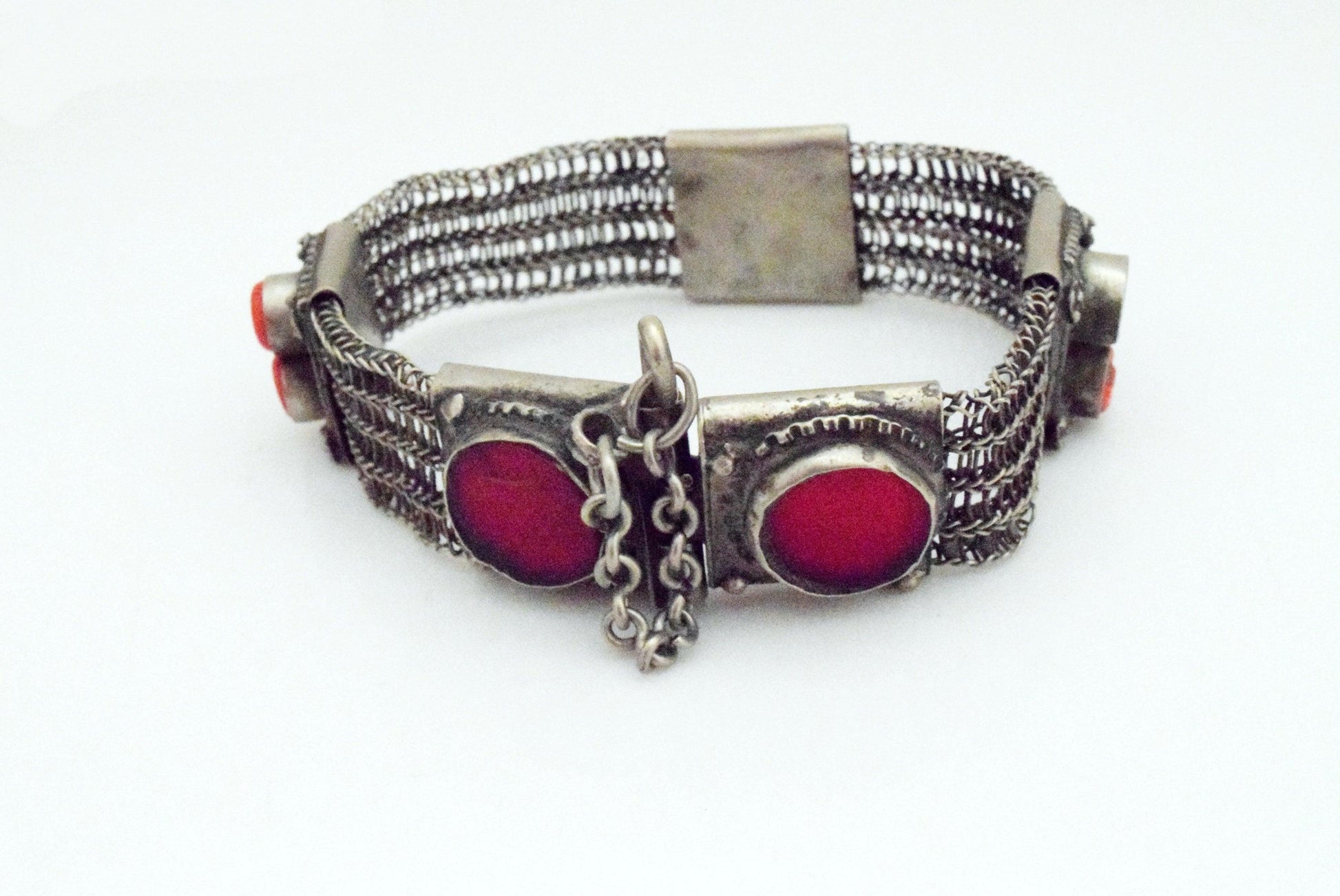 Old Large Metal Mesh Bedouin Bracelet with Red Glass - Anteeka