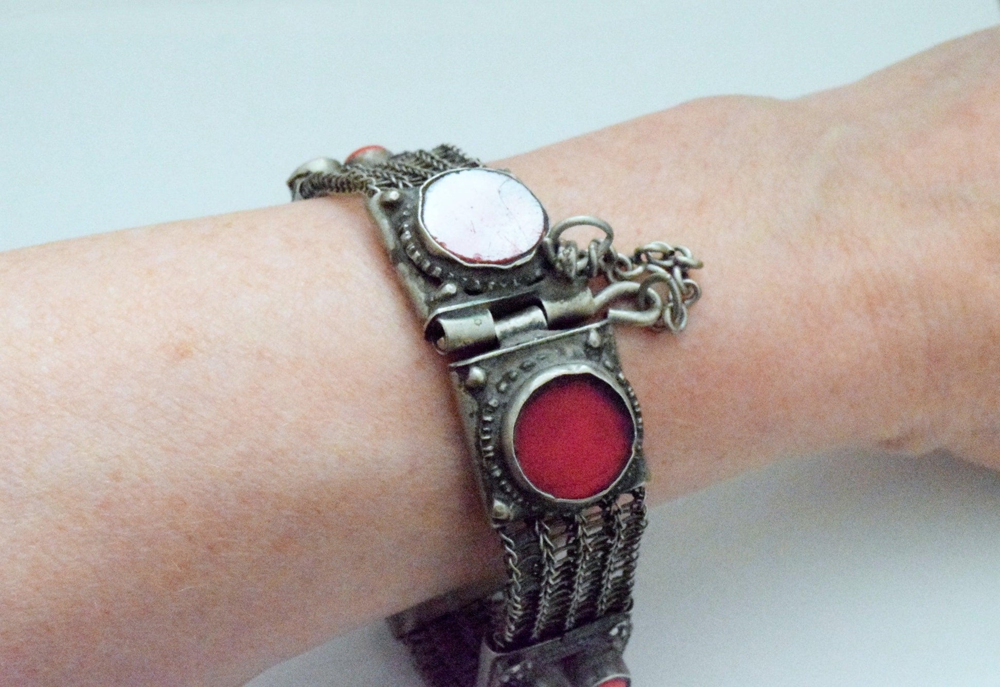 Old Large Metal Mesh Bedouin Bracelet with Red Glass - Anteeka