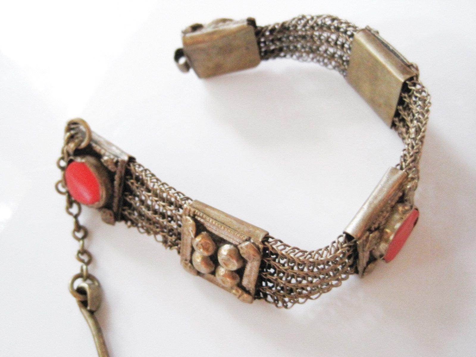 Old Large Metal Mesh Bedouin Bracelet with Red Glass from the Arabian Peninsula - Anteeka