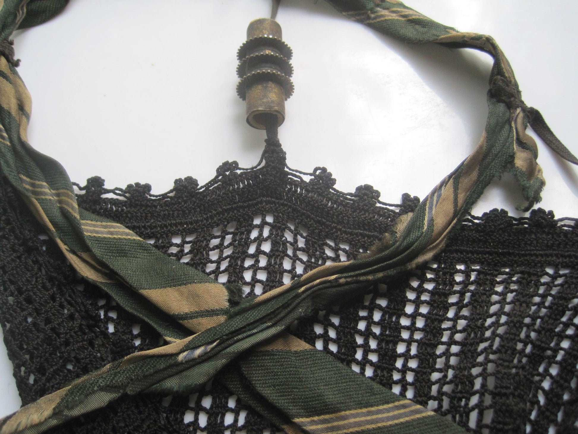 Rare Antique Silver Arousa Al Burqa with Complete Black Crochet Veil from Egypt - Anteeka