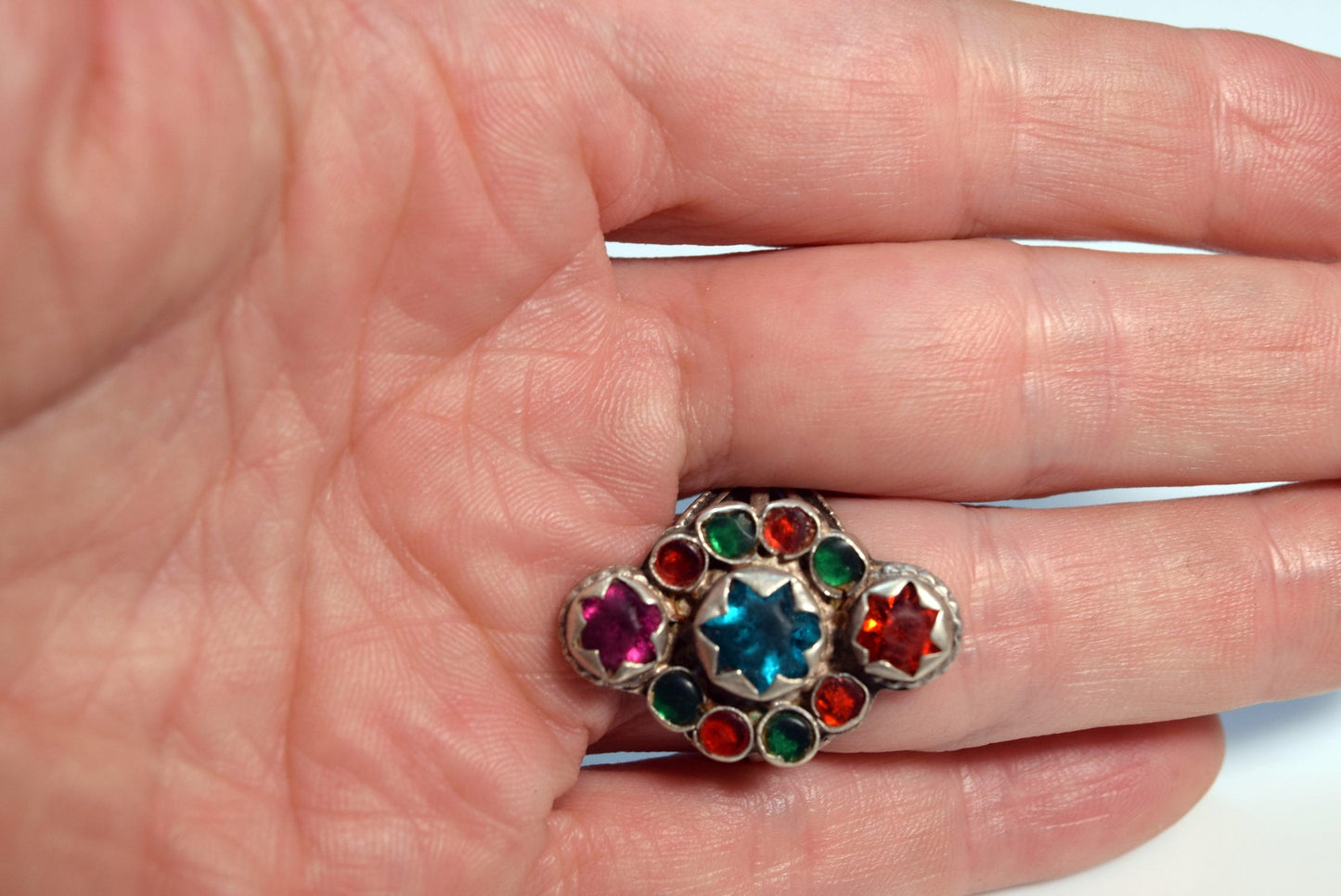 Vintage Afghani Silver Multicolored Glass Ring - Anteeka