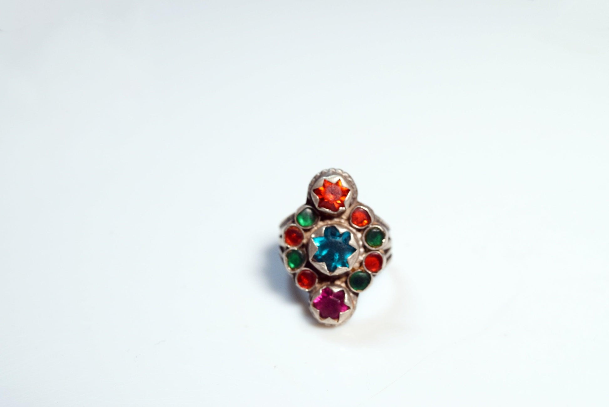 Vintage Afghani Silver Multicolored Glass Ring - Anteeka