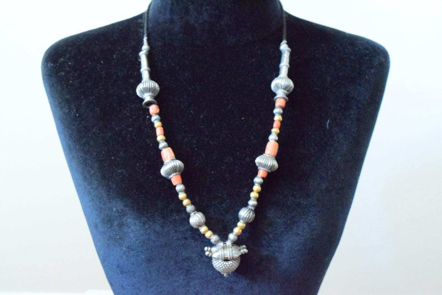 Silver and Coral Necklace with Vintage Amulet - Anteeka