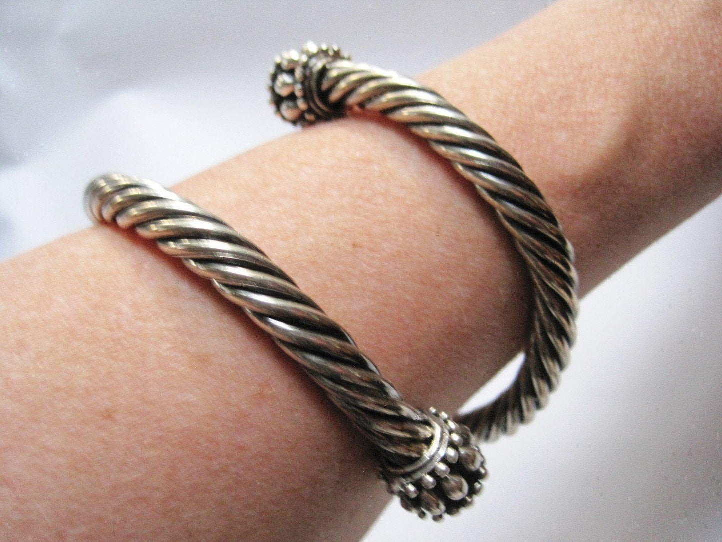 Sterling Silver and Onyx Mexican Cable Wrap Coil Bracelet - Anteeka