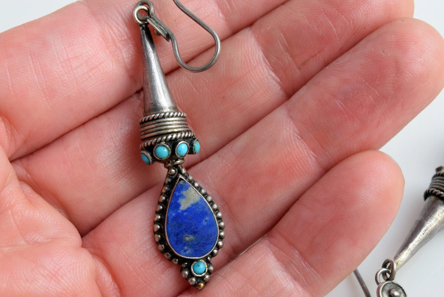 Long silver and lapis earrings