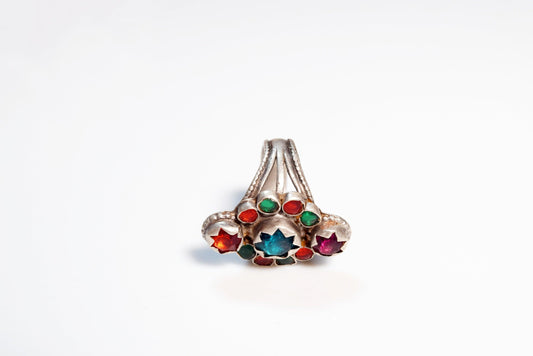 Vintage Afghani Silver Multicolored Glass Ring - Anteeka