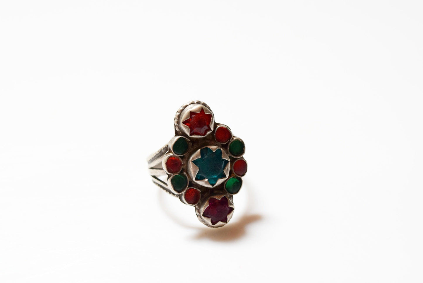 Vintage Afghani Silver Multicolored Glass Ring - Anteeka