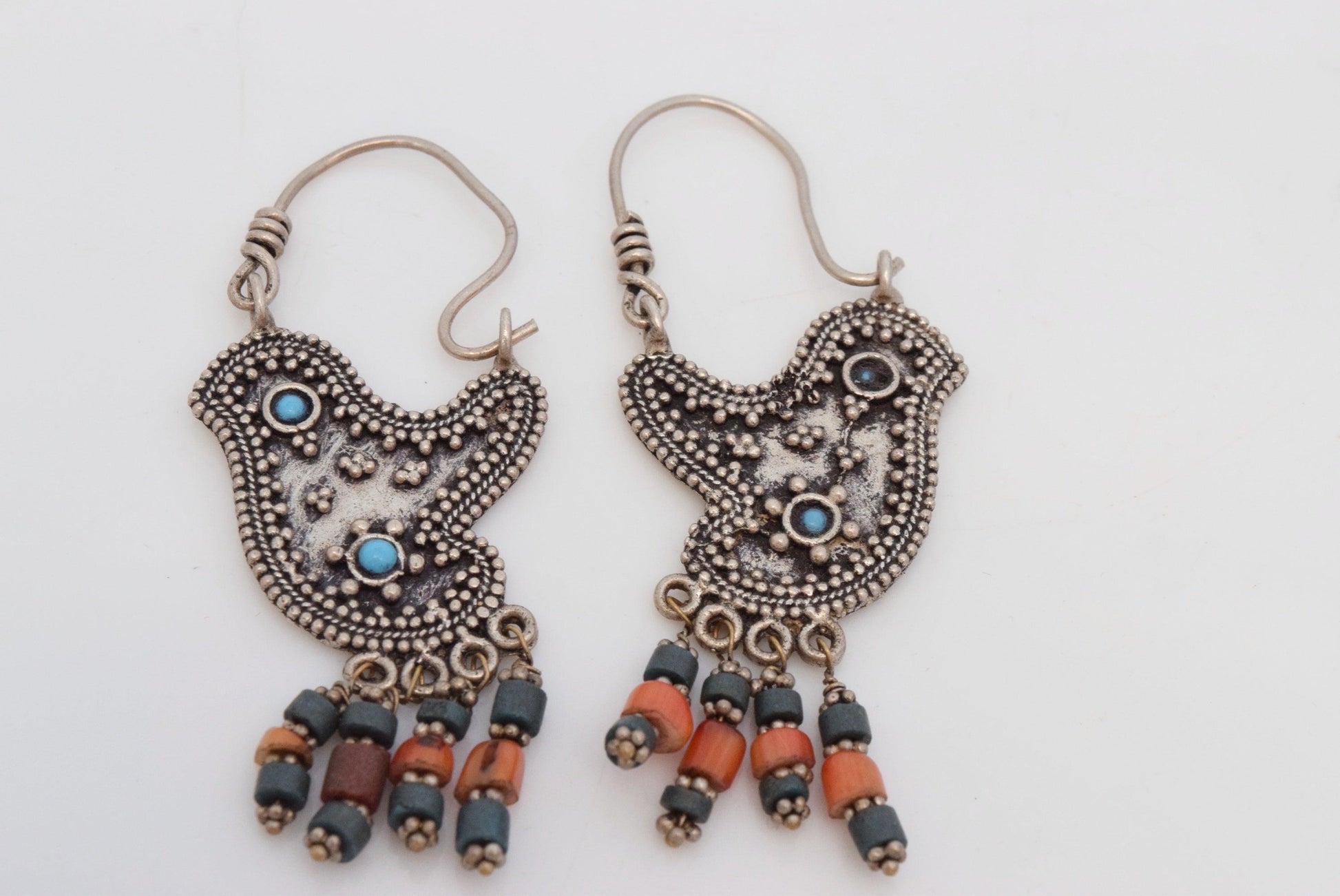 Vintage Afghani Uzbek Style Silver Bird Earrings with turquoise and coral - Anteeka