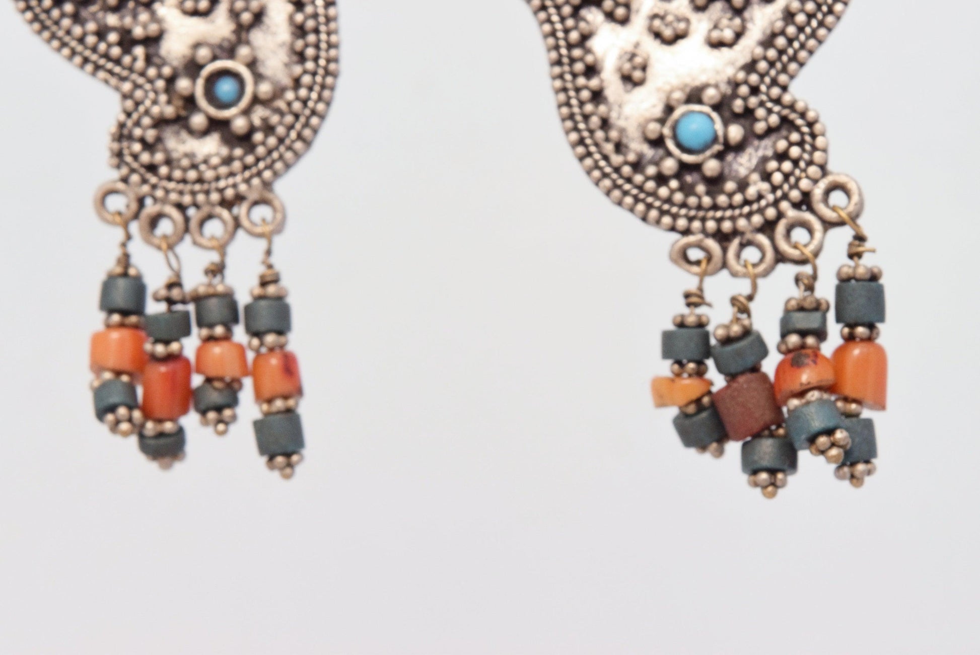 Vintage Afghani Uzbek Style Silver Bird Earrings with turquoise and coral - Anteeka