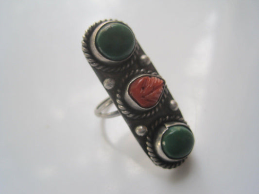Vintage Asian Green Turquoise and Coral Long Size 8 1/2  Sterling Silver Ring - Anteeka