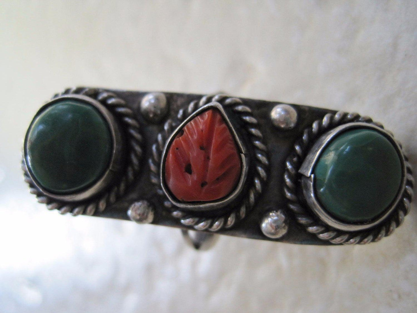 Vintage Asian Green Turquoise and Coral Long Size 8 1/2  Sterling Silver Ring - Anteeka
