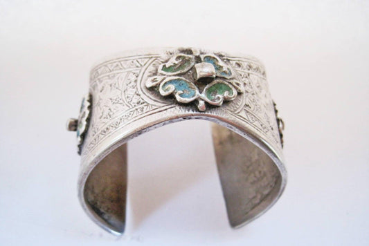 Vintage Berber Enamel and Silver Moroccan Flared Cuff - Anteeka