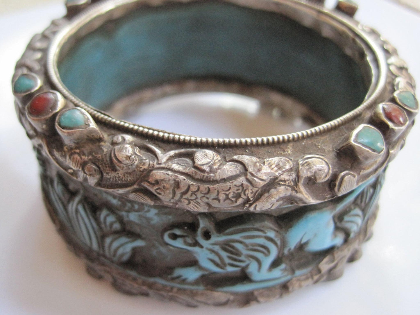 Vintage Carved Animal Blue Resin Bracelet from Nepal or Tibet with Silver Overlay - Anteeka