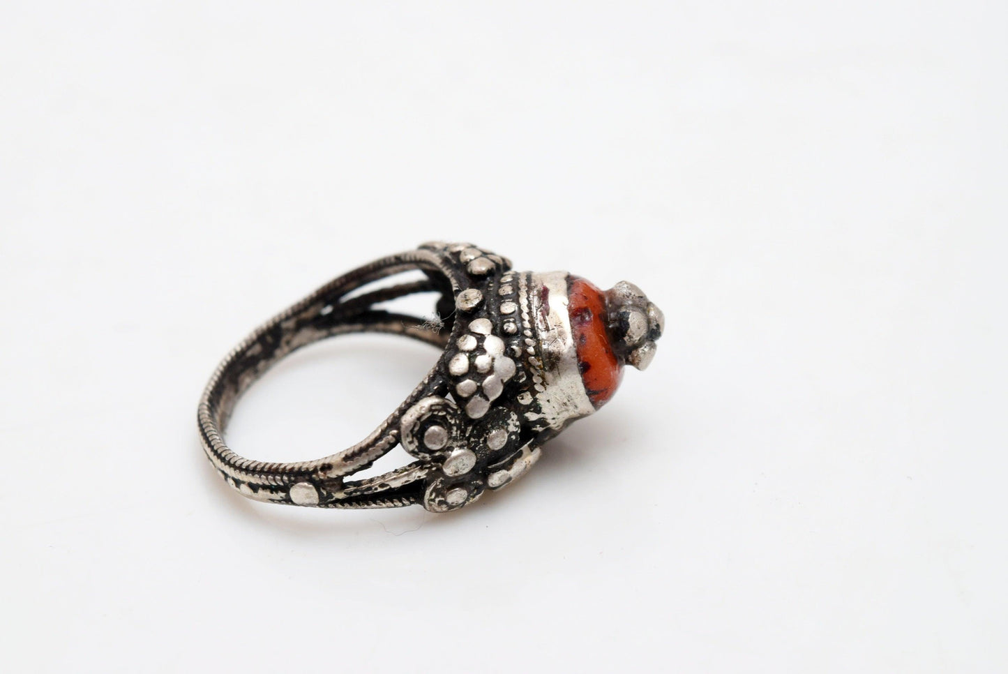 Vintage Coral and Silver Tower Ring from the Yemen Size 8 3/4 - Anteeka