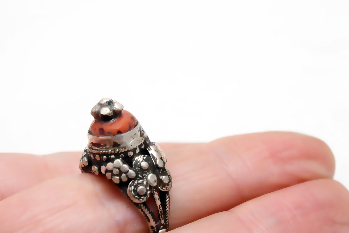Vintage Coral and Silver Tower Ring from the Yemen Size 8 3/4 - Anteeka