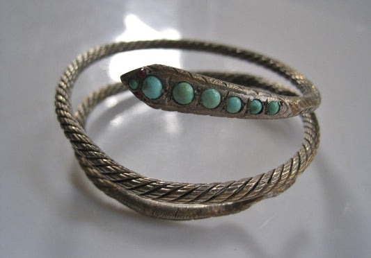 Vintage Egyptian 900 Silver Snake with Turquoise - Anteeka