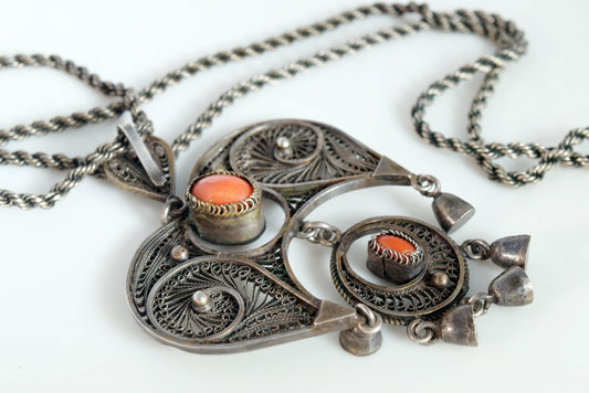 Vintage Egyptian Coral and Silver Filigree Necklace - Anteeka
