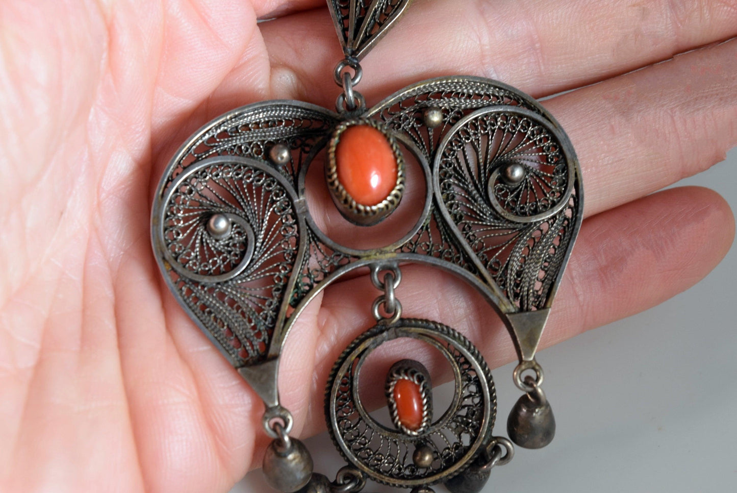 Vintage Egyptian Coral and Silver Filigree Necklace - Anteeka