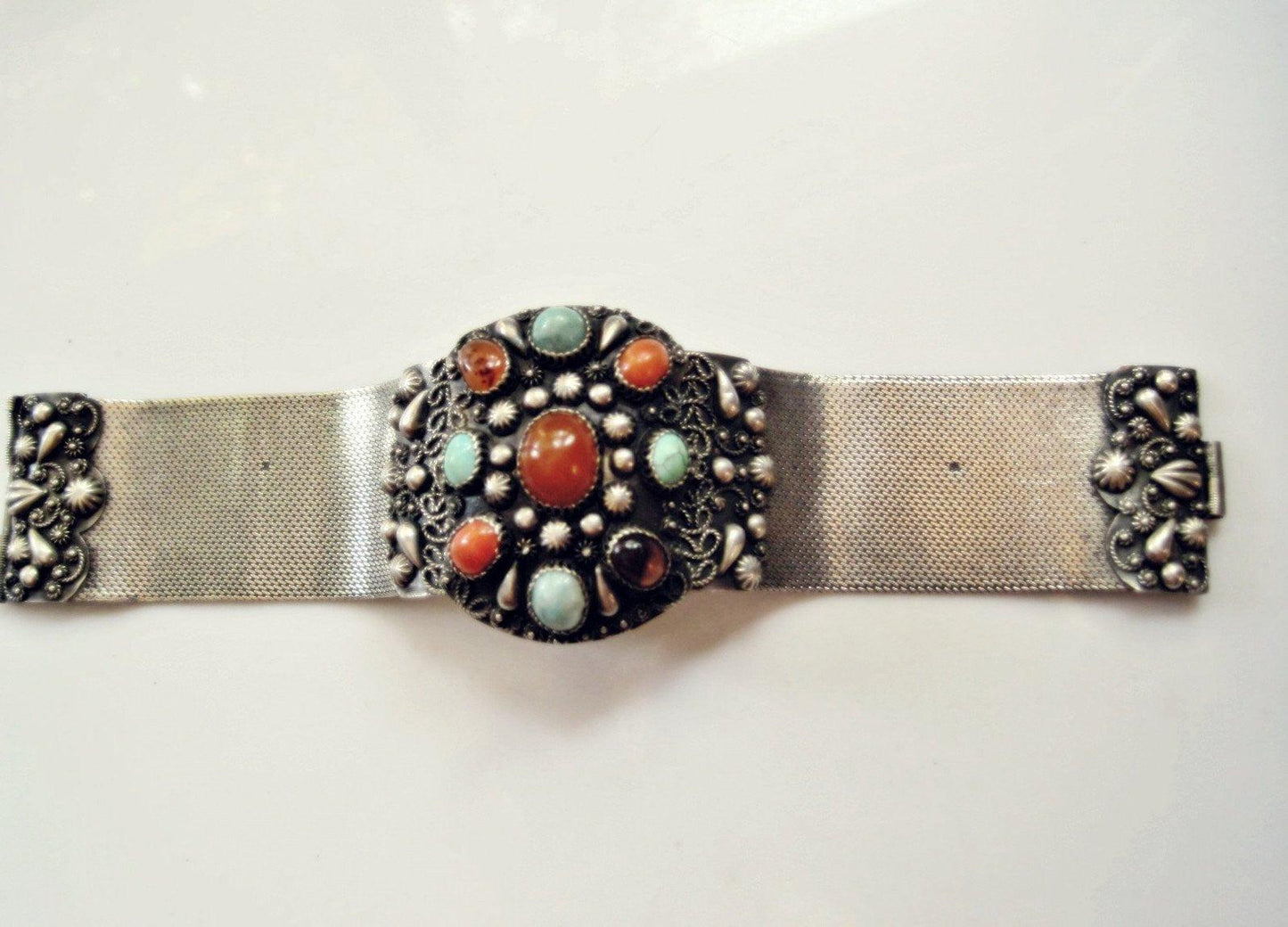 Vintage Egyptian Silver, Carnelian, Turquoise and Coral Wide Bracelet - Anteeka