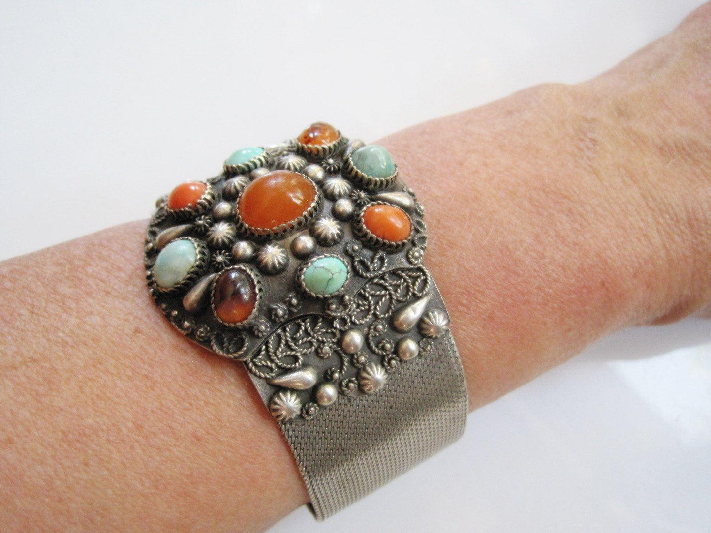 Vintage Egyptian Silver, Carnelian, Turquoise and Coral Wide Bracelet - Anteeka
