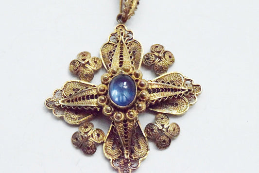 Vintage Gold Gilt Silver Filigree Jerusalem Cross Pendant with Blue Stone - Anteeka