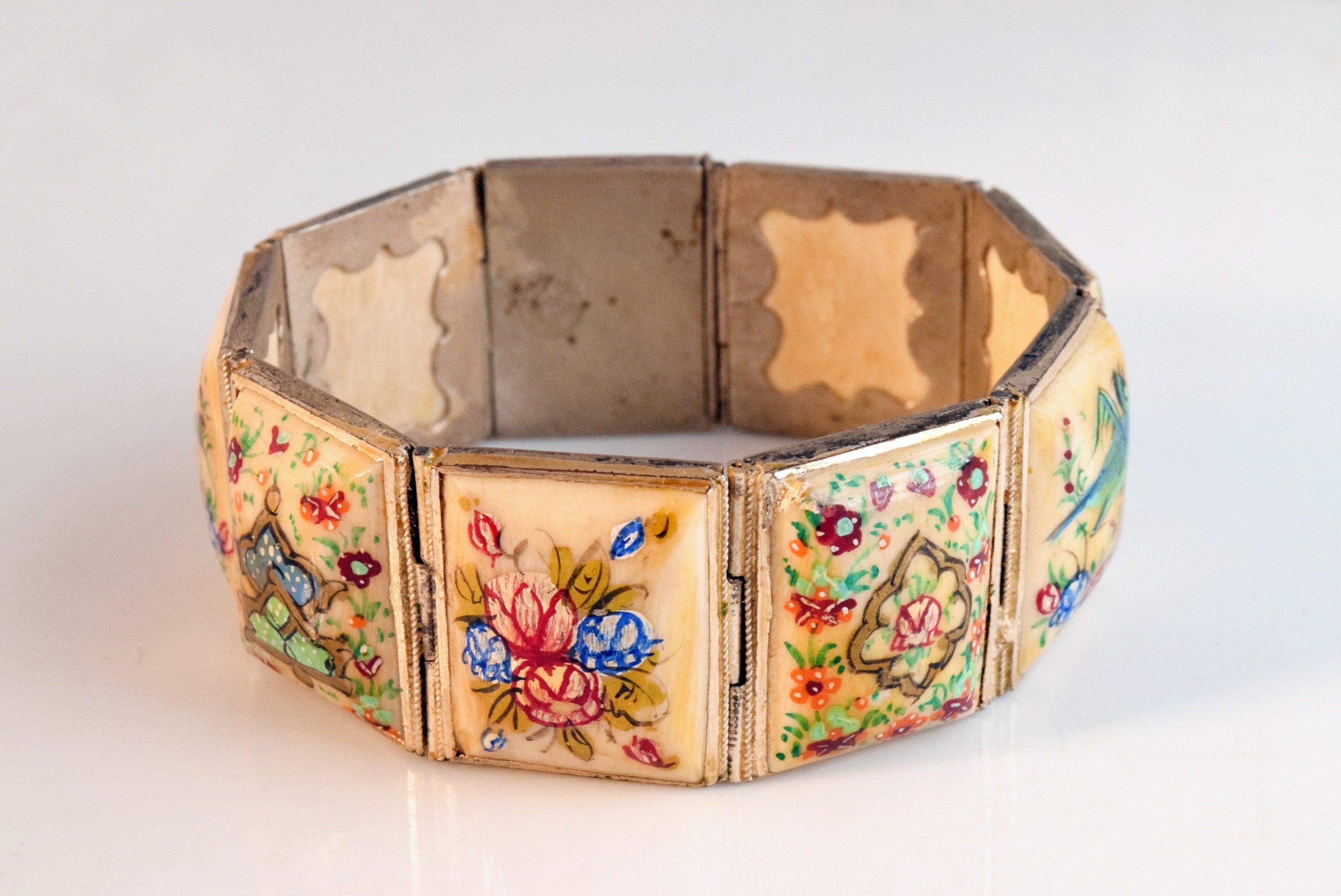 Vintage Made 2024 in Spain Hand Painted Panel Bracelet Gold Tone