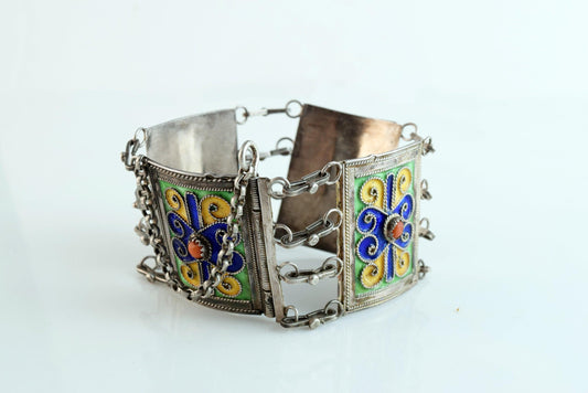 Vintage Kabyle Berber Silver Enamel and Coral Link Bracelet - Anteeka