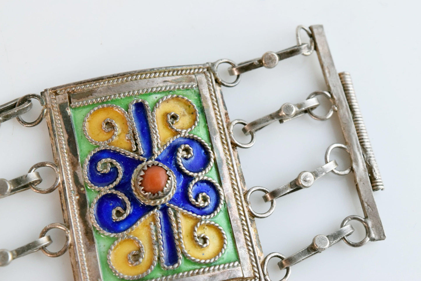 Vintage Kabyle Berber Silver Enamel and Coral Link Bracelet - Anteeka