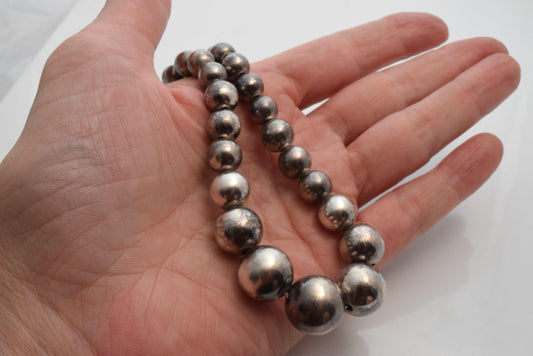 Vintage Long Navajo Sterling Silver Ball Necklace with Graduated Bench Beads - Anteeka