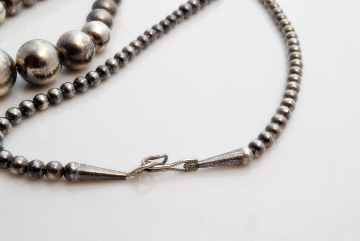 Vintage Long Navajo Sterling Silver Ball Necklace with Graduated Bench Beads - Anteeka