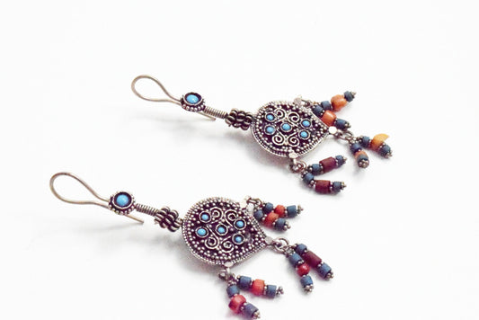 Vintage Long Silver Afghan Earrings with Turquoise and Red Beads - Anteeka
