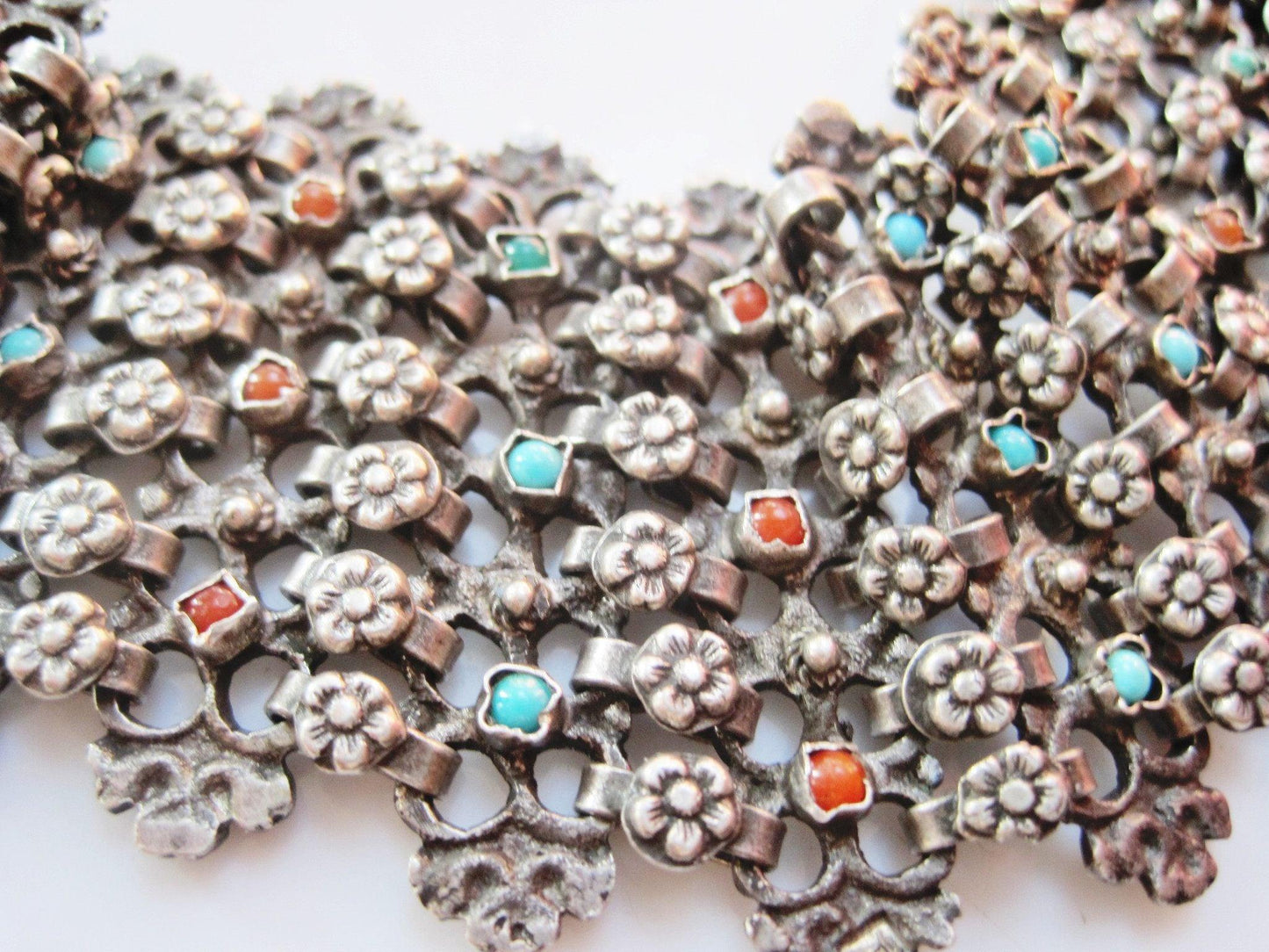 Vintage Middle East Silver Link Bracelet with Turquoise and Coral - Anteeka