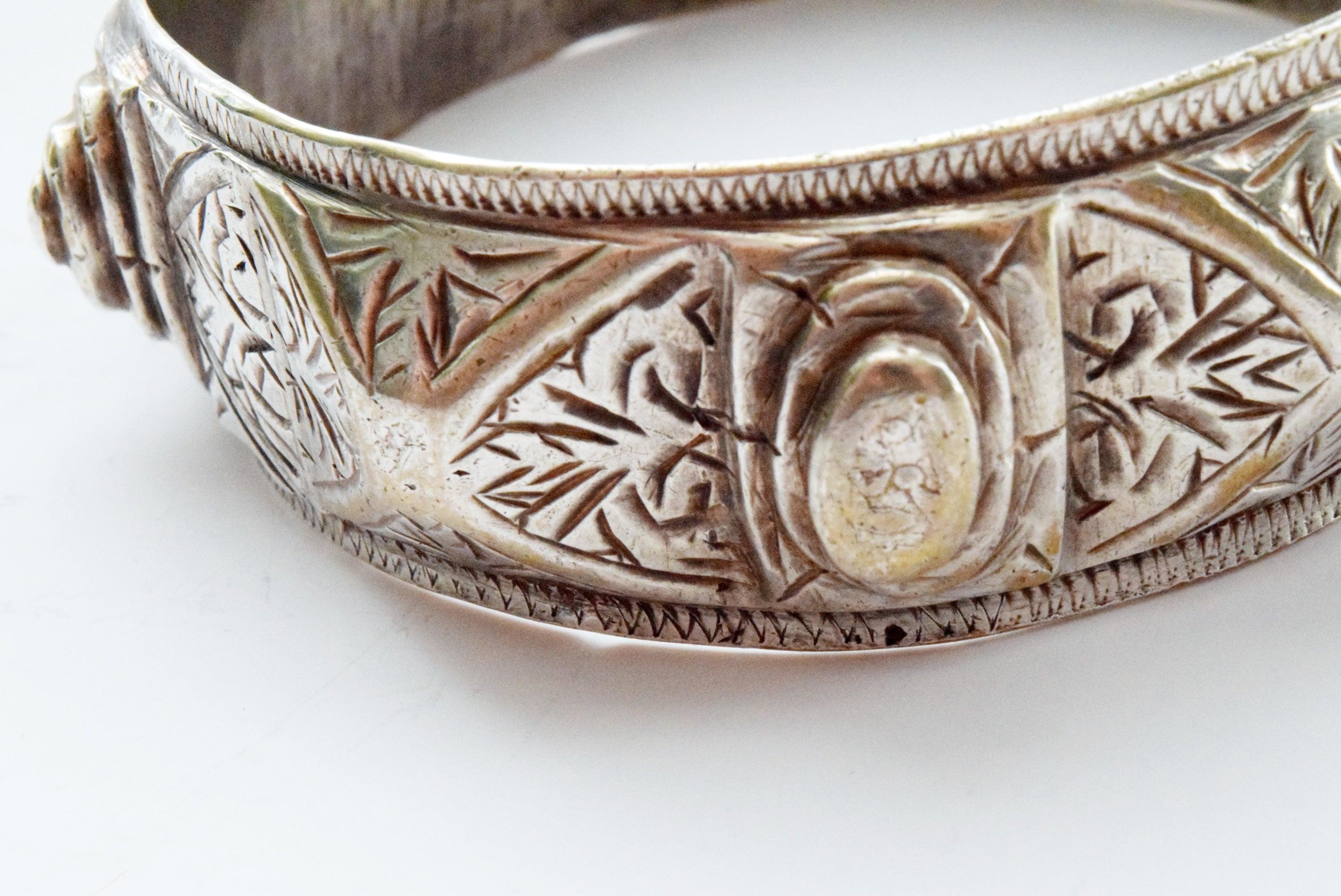 Moroccan Jewelry, antique worn Atlas Berber silver wrungout washing dowry bangle, 2024 extra wide. 2 5/8 inches inner diameter