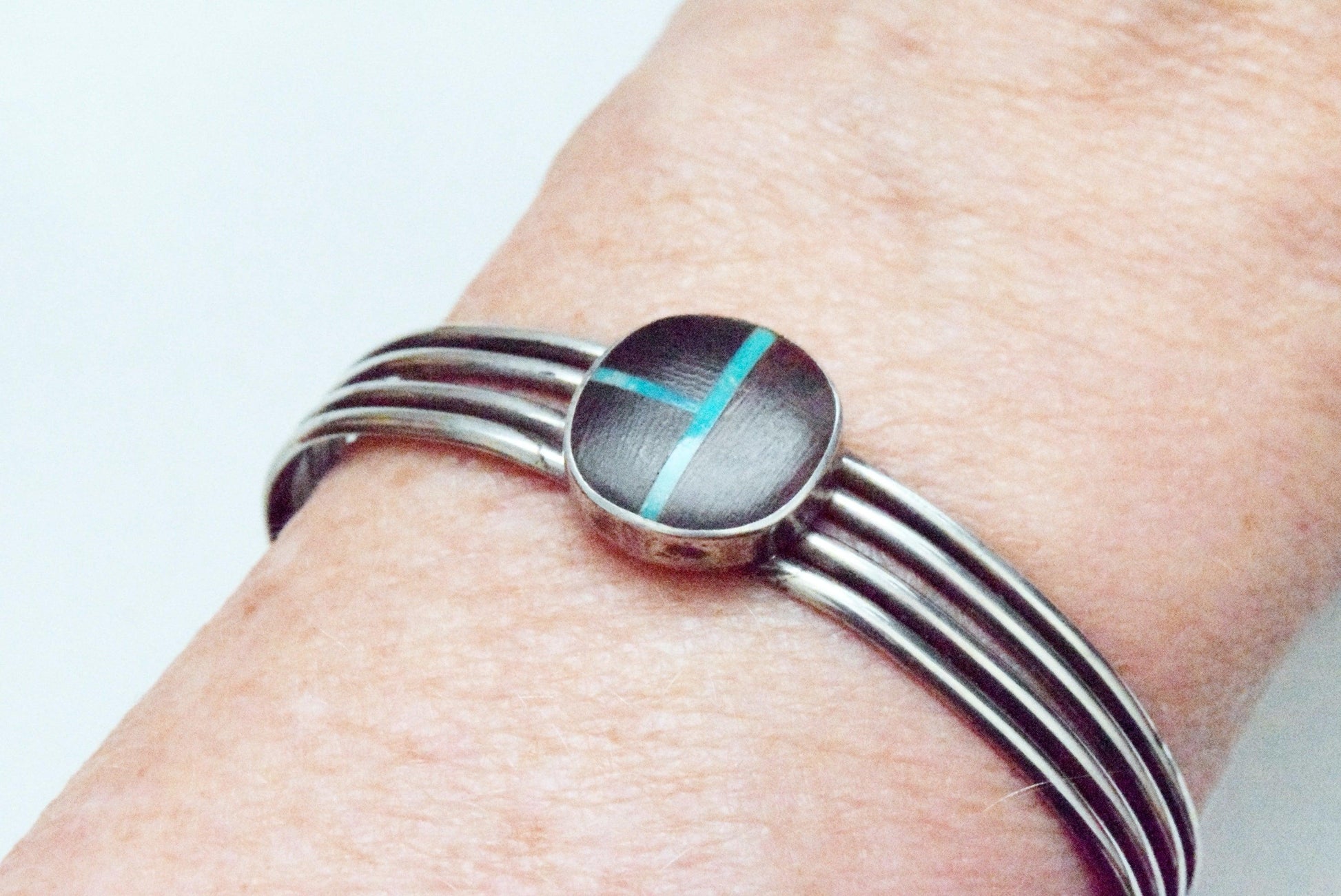 Vintage Native American Bracelet and Ring Set with Ironwood and Turquoise Inlay - Anteeka