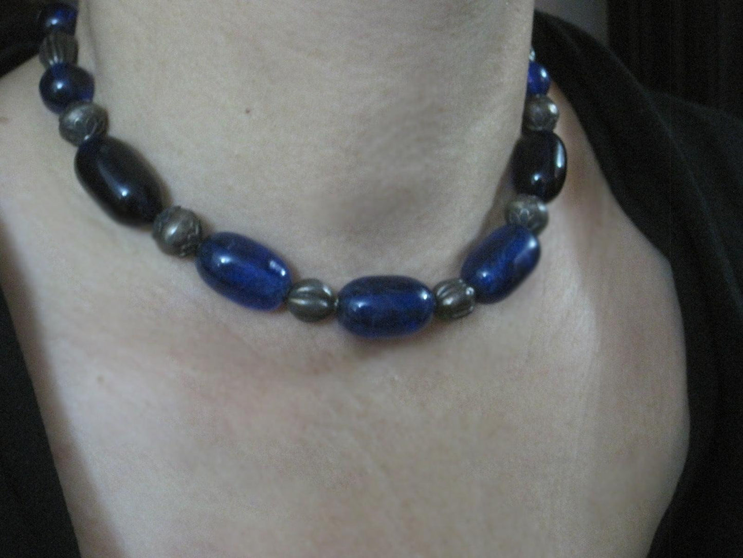 Vintage Necklace with Silver and Blue Glass Beads - Anteeka